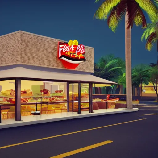 Image similar to fast food restaurant with palm trees, concept art, octane render