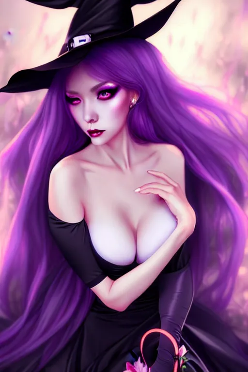 Image similar to Beautiful alluring witch portrait in satin dress by Artgerm and WLOP, Pixiv