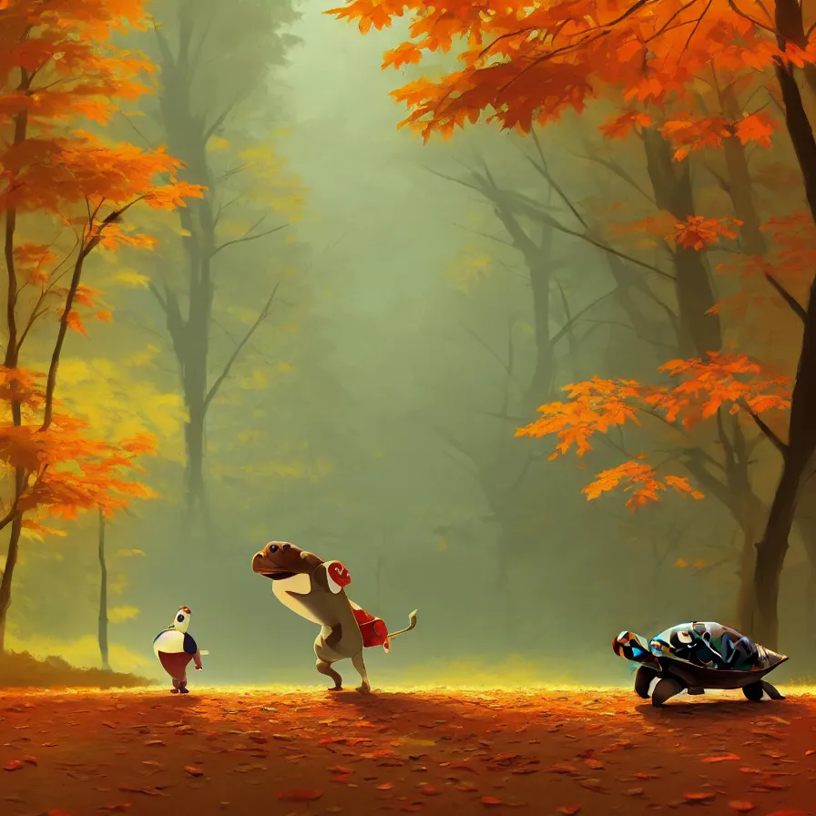 Image similar to Goro Fujita illustrating a tortoise walking through a beautiful autumn forest, art by Goro Fujita, sharp focus, highly detailed, ArtStation