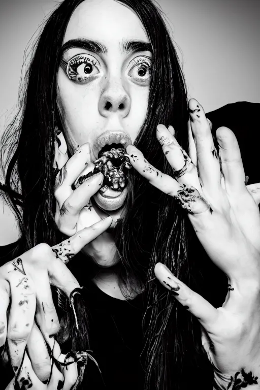 Image similar to black and white photo of Billie eilish with a crustacean crawling out of her mouth