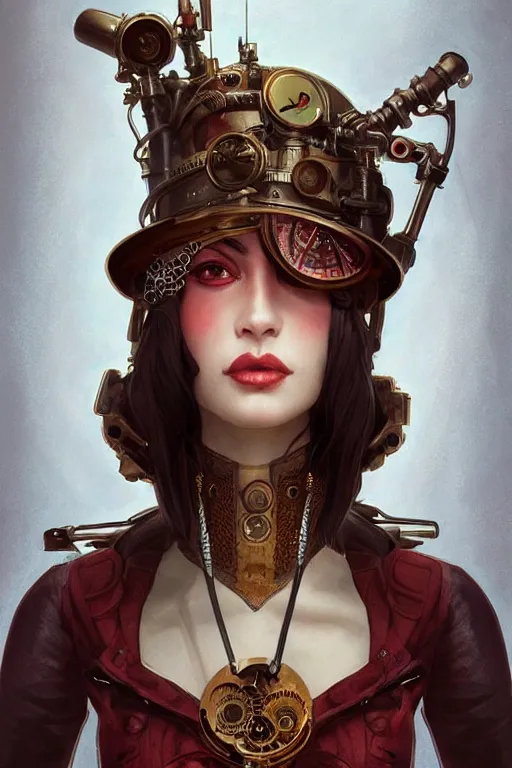 Prompt: anthropomorphic cherry as a steampunk cyborg, portrait, western, steampunk, duster, fantasy, intricate, elegant, highly detailed, digital painting, artstation, concept art, sharp focus, illustration, art by artgerm and greg rutkowski and alphonse mucha