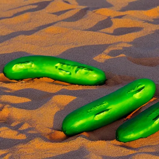 Prompt: a group of anthropomorphic cucumbers sun bathing on the beach talking to each other, in the style of 80s graphic art