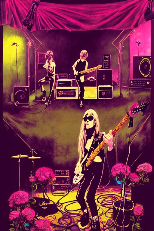 Image similar to the velvet underground and nico playing live on stage at a night club, beautiful stage decoration with flowers in the background, painting by bill watterson, very detailed and colorful and toned down and ornamental and moody and cool and relaxed and high on drugs, trending on artstation, behance contest winner