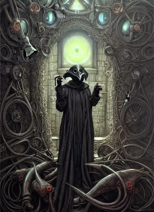 Prompt: portrait of plague doctor, hyper detailed masterpiece, dystopian background, jean giraud, digital art painting, darkwave goth aesthetic, lovecraftian, artgerm, donato giancola and tom bagshaw