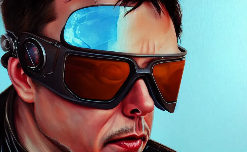 Prompt: closeup painting of elon musk, cyberpunk, wearing light blue shutter shades and a dark brown leather jacket, portrait, hyperdetailed, artstation, cgsociety, 8 k, synthwave by tangerine dream