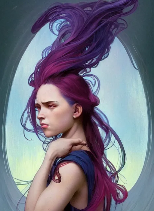Prompt: a young woman with beautiful rainbow hair. she looks very angry. beautiful painting by artgerm and greg rutkowski and alphonse mucha