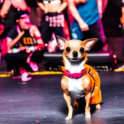 Image similar to a chihuahua performing on stage at a hip hop concert. Dancing out of focus crowd. Cyber stage design. Photograph for a magazine.