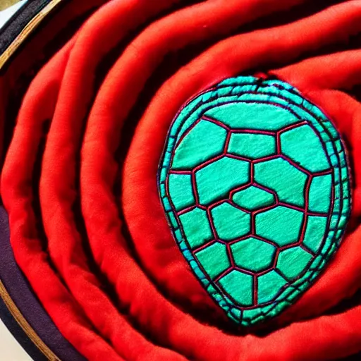 Image similar to close - up of a turtle shell embroidered with twizzlers, photography, dslr