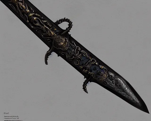 Prompt: legendary sword, digital award winning hd matte painting, intimate dark moody, intricate, long sharp black and iridescent blade, ornate spikes, colorful hilt, detailed realistic, raytraced blade, colored gems, golden pommel, in the style of greg rutkowski and krenz cushart, trending on artstation and deviantart