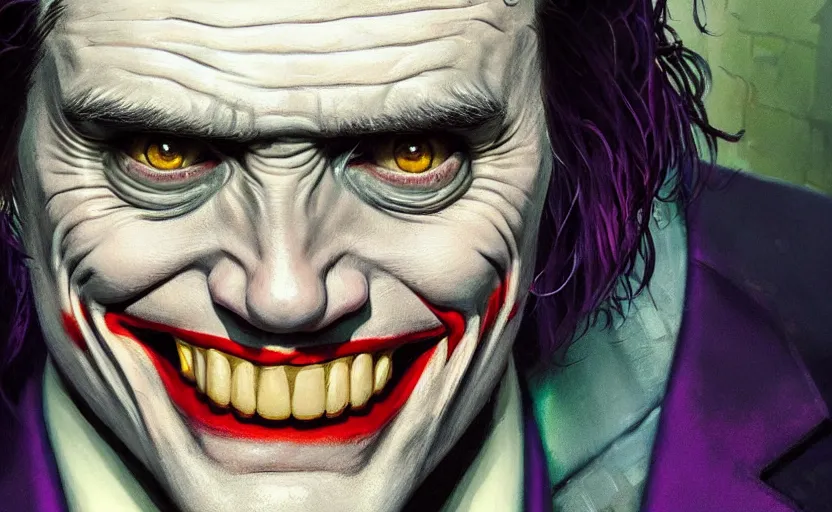 Image similar to highly detailed portrait of jim carrey as the joker wearing a suit, in batman comic book, stephen bliss, unreal engine, fantasy art by greg rutkowski, loish, rhads, ferdinand knab, makoto shinkai and lois van baarle, ilya kuvshinov, rossdraws, tom bagshaw, global illumination, radiant light, detailed and intricate environment