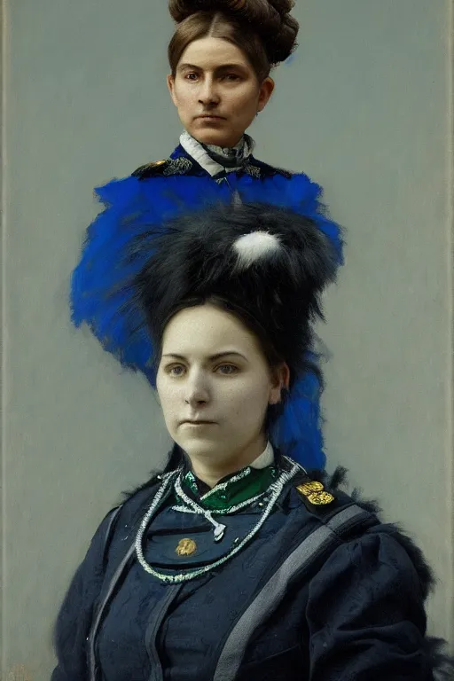 Image similar to facial portrait of the empress of the minnesota timberwolves, 1 8 8 9, in full military garb, midnight blue, aurora green, lake blue, moonlight grey, oil on canvas by william sidney mount, trending on artstation