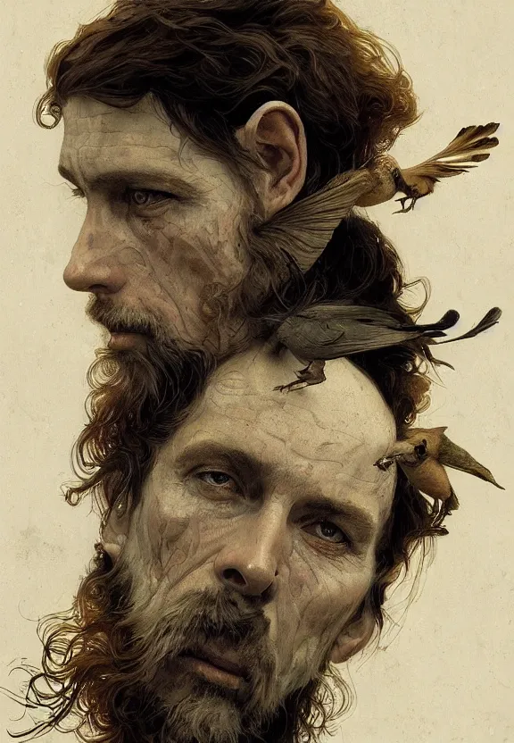 Image similar to portrait of a haggard man with the face of a bird, nature, surreal, face, detailed, intricate, elegant, lithe, highly detailed, digital painting, artstation, concept art, smooth, sharp focus, illustration, art by krenz cushart and artem demura and alphonse mucha