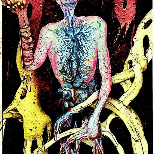 Prompt: Graphic Illustration, Creative Design, biologically enhanced human, Fungal, Biopunk, Full Body Portrait, Character Design, by Ralph Steadman, Francis Bacon, Hunter S Thompson