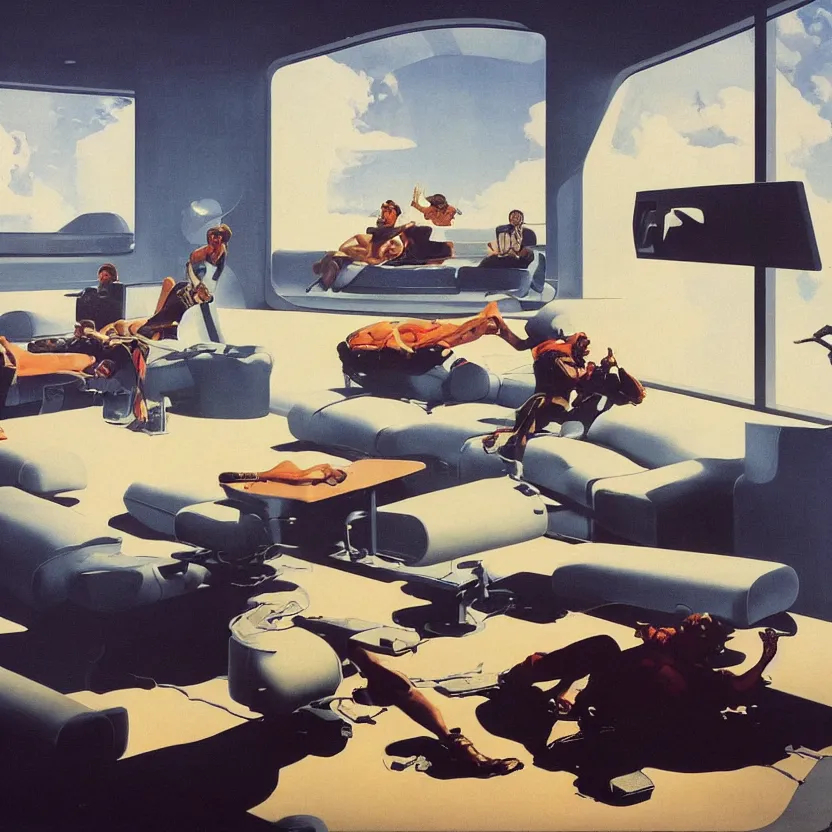 Image similar to a futuristic minimalist lounge room with a big window, wide open meadow. billowing clouds in the sky. highly detailed science fiction painting by norman rockwell, frank frazetta, and syd mead. rich colors, high contrast, gloomy atmosphere. trending on artstation.