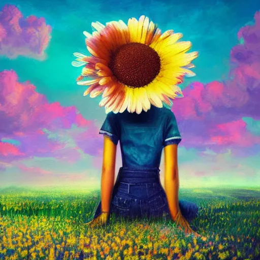 Image similar to giant daisy flower as head, girl sitting in a flower field, surreal photography, sunrise, dramatic light, impressionist painting, colorful clouds, digital painting, artstation, simon stalenhag