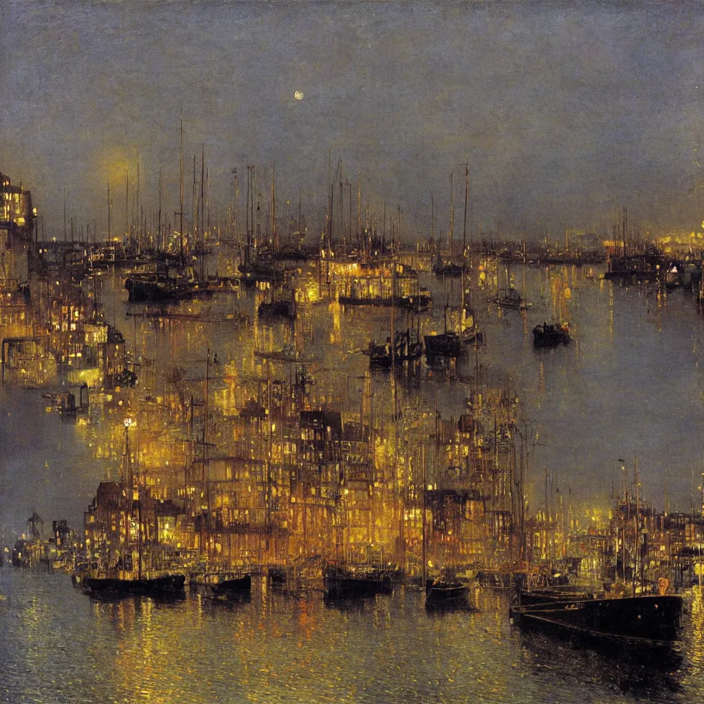 Prompt: the harbour by turner and Atkinson Grimshaw and Matisse