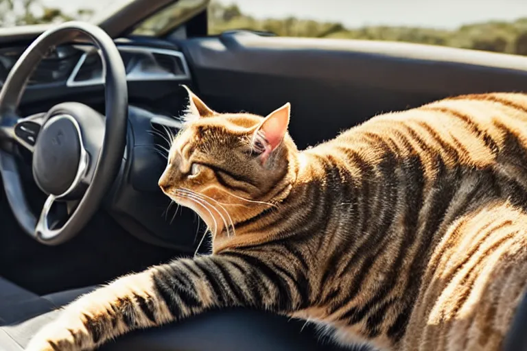 Prompt: top view of convertible, cat sitting relaxed in the driver seat with front paws on steering wheel, eyes closed, enjoying the sun, golden hour