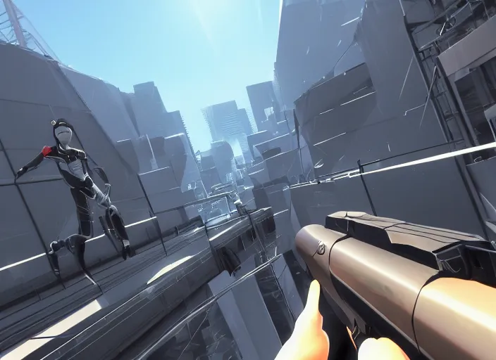 Image similar to mirror's edge in the style of hideo kojima's pt, screenshot