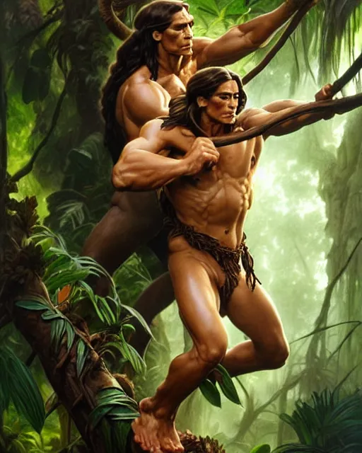 Image similar to tarzan in the jungle, fantasy character portrait, ultra realistic, concept art, intricate details, highly detailed by james bamaruan jia and mandy jurgens and artgerm and william adolphe bouguereau and frank frazetta