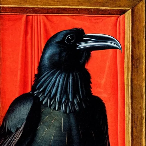 Image similar to a highly detailed portrait of a raven, wearing elegant tudor clothes, inside a room with thick red tapestries, by hans holbein and alessandro allori