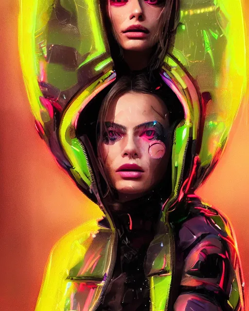 Image similar to detailed margot robbie portrait neon operator girl cyberpunk futuristic neon reflective puffy coat, decorated with traditional japanese ornaments by ismail inceoglu dragan bibin hans thoma greg rutkowski alexandros pyromallis nekro rene margitte illustrated perfect face, fine details, realistic shaded, fine - face, pretty face