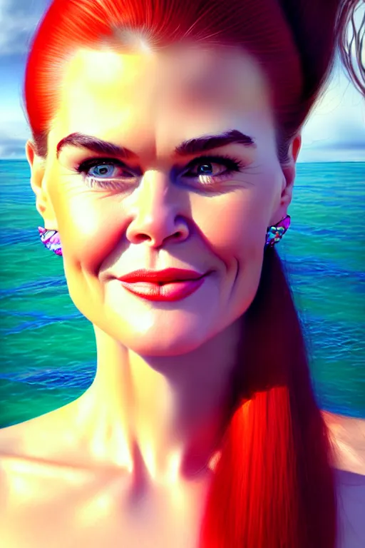 Image similar to portrait of a mix of beautiful young maria shriver, mariel hemmingway, brooke shields, nicole kidman and elle macpherson as a mermaid, thin lips, hair tied up in a pony tail, colorful artstation, cgsociety