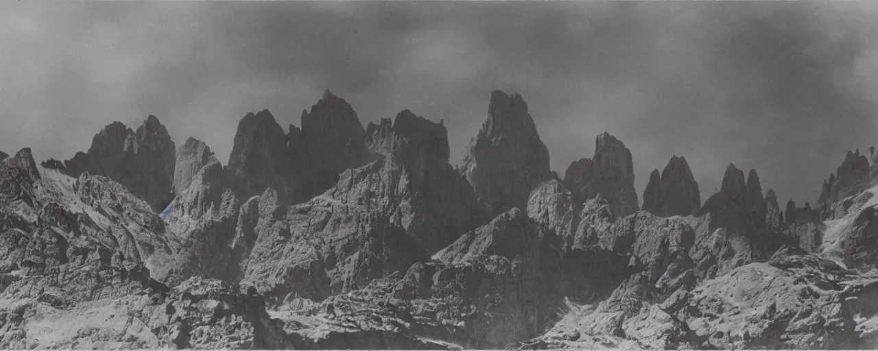 Image similar to 1920s photography of terrifying dolomites dark with occult signs