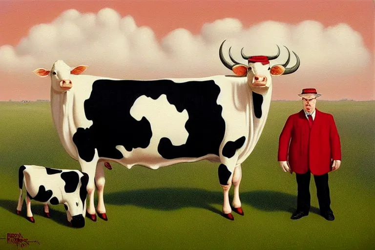 Prompt: 'Wherever you go, a cow is always watching you', lowbrow painting by Mark Ryden and René Magritte