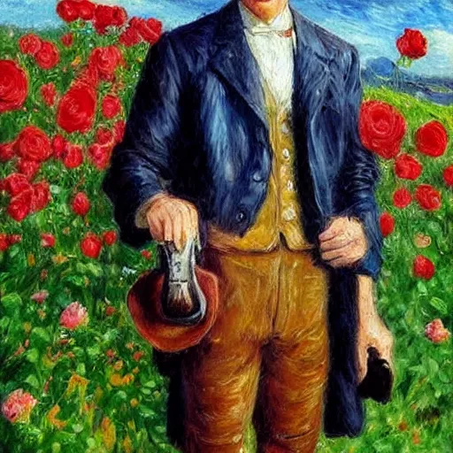 Image similar to an impressionist painting of a tall man with blue eyes and brown hair that is wearing a wide brim leather hat and a leather vest. He is holding a revolver in his left hand and a ((((red rose is in his right hand))))!!!!!!!!!!!, He is standing in a field of roses, Blue sky in the background, trending on artstation