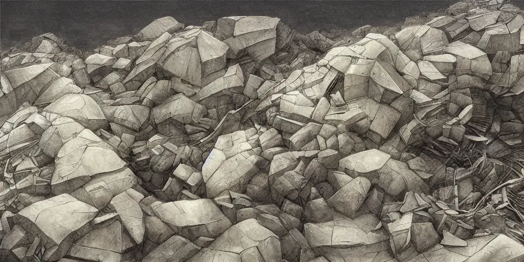 Image similar to landslide, debris, illustration, detailed, smooth, soft, cold, by Adolf Lachman, Shaun Tan, Surrealism