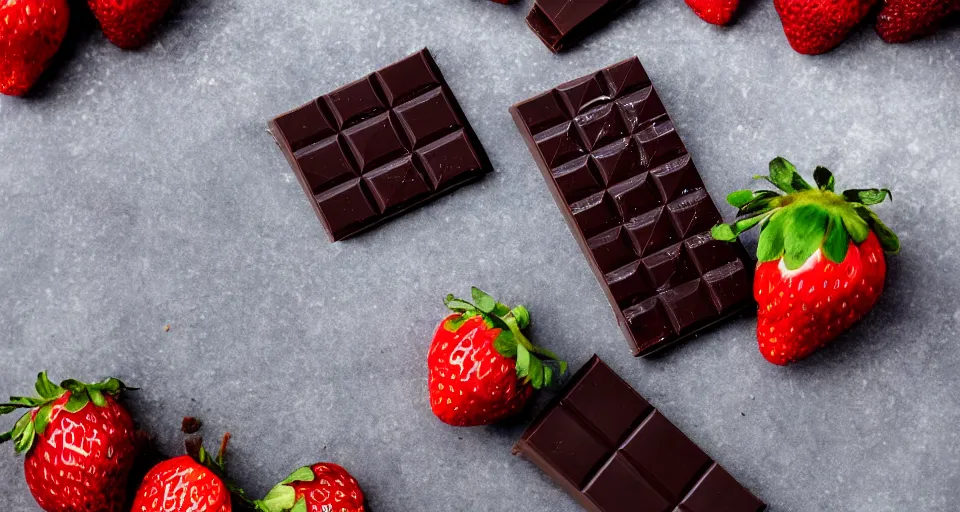 Image similar to A gourmet dark chocolate bar with a piece broken off, on an opened silver wrapper, next to sliced strawberries, on a wooden tray, macro lens product photo