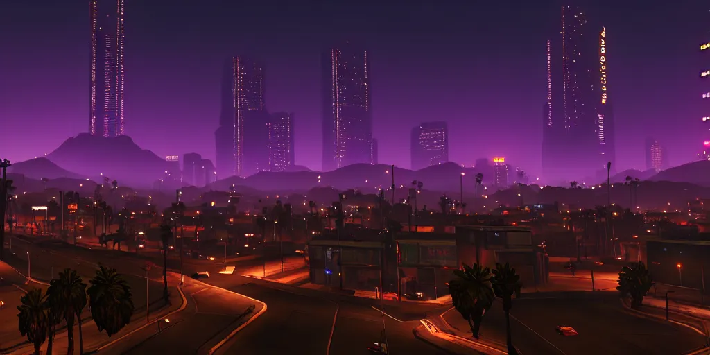 Image similar to gtav los santos at night, cyberpunk art style