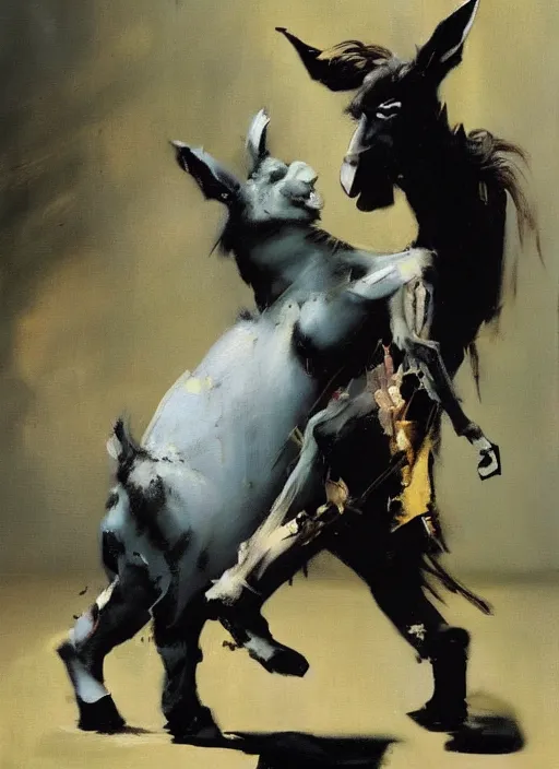 Image similar to shrek and donkey, painting by phil hale, fransico goya,'action lines '!!!, graphic style, visible brushstrokes, motion blur, blurry, visible paint texture, crisp hd image