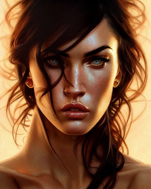 Image similar to portrait of megan fox with angry face expression, intricate, headshot, highly detailed, digital painting, artstation, concept art, sharp focus, cinematic lighting, illustration, art by artgerm and greg rutkowski, alphonse mucha, cgsociety