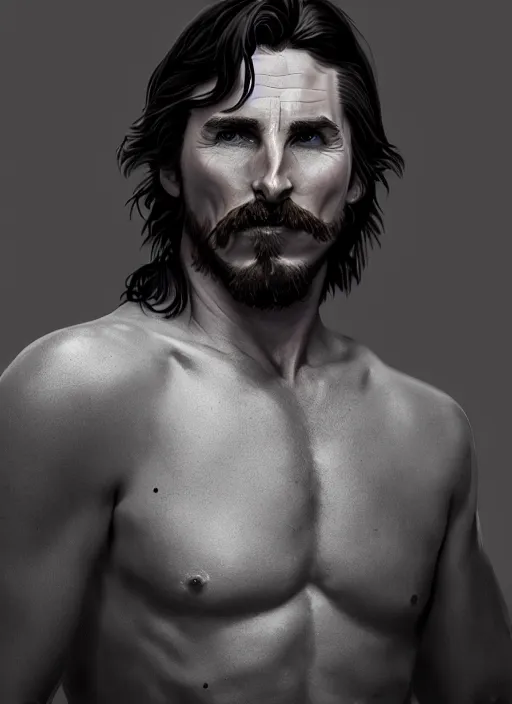 Image similar to portrait of Christian Bale in the style of Julen Urrutia's stylized characters + dim volumetric lighting, 8k octane beautifully detailed render, post-processing, extremely hyperdetailed, intricate, epic composition, grim yet sparkling atmosphere, cinematic lighting + masterpiece, trending on artstation