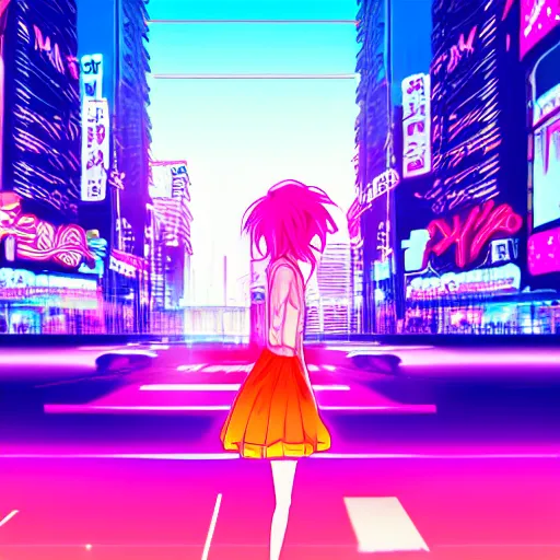 Image similar to anime girl in a synthwave city, center focus, neon tokyo, 4 k