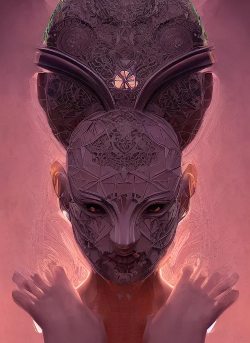 Image similar to symmetry!! masks, machine parts embedded into face, intricate, elegant, highly detailed, digital painting, artstation, concept art, smooth, sharp focus, illustration, art by artgerm and greg rutkowski and alphonse mucha, 8 k