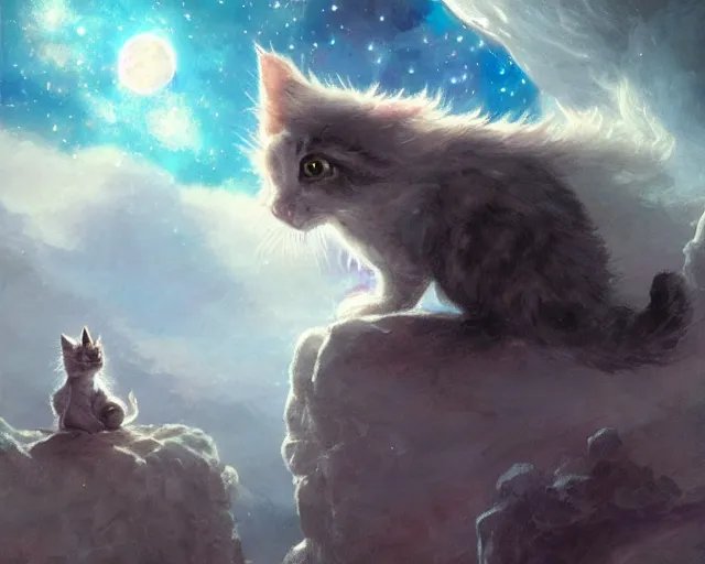 Image similar to a single cartoonish kitten dressed as Gandalf floating in space, bright stars, anime, a fantasy digital painting by Greg Rutkowski and James Gurney, trending on Artstation, highly detailed