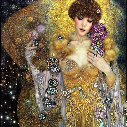 Image similar to dreamy angels cybernetic, in the cosmos, intricate detail, klimt, royo,