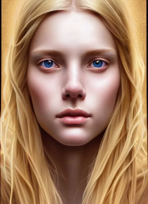 Image similar to beautiful symmetrical face!! portrait of young woman blessed with ever - increasing physical and mental perfection, realism, blonde hair, perfect face!! intricate, elegant, highly detailed, vision of holy perfection!! digital painting, artstation, concept art, smooth, sharp focus, illustration, humanity, art by artgerm and greg rutkowski and alphonse mucha