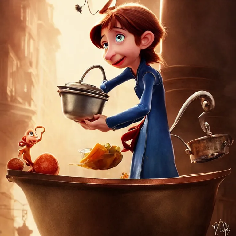 Image similar to beautiful cinematic fantasy poster of Remy from ratatouille throwing ingredients over a copper pot of soup art direction by Darius Zawadzki ;by artgerm; wayne reynolds art station; cinematic quality character render; low angle; ultra high quality model; production quality cinema model;