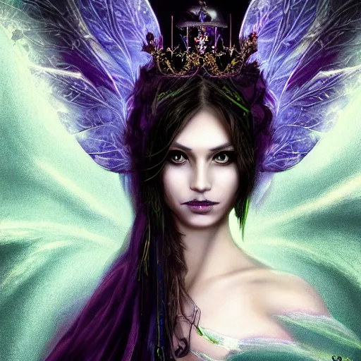 Image similar to detailed portrait of a dark fairy queen with wings holding a silk cloth wearing a robe, crown, pixie, iris, realism, emerald, galaxy, sapphire,dark purple crown,leaves, moonlit, dark fantasy, dramatic lighting, cgsociety, artstation