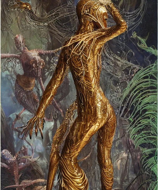 Prompt: a portrait photograph of a fierce sadie sink as a strong alien harpy queen with amphibian skin. she trying on a glowing lace shiny metal slimy organic membrane parasite catsuit and transforming into an evil insectoid catgirl alien. by donato giancola, walton ford, ernst haeckel, peter mohrbacher, hr giger. 8 k, cgsociety