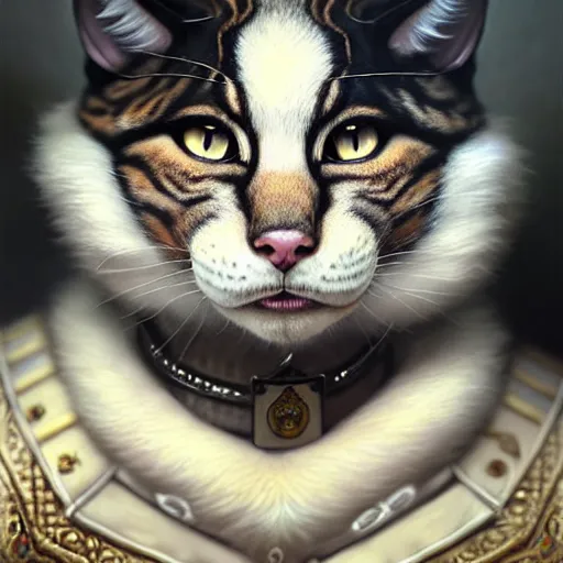 Image similar to portrait painting of a friendly tabaxi police officer, white fur, ultra realistic, concept art, intricate details, eerie, highly detailed, photorealistic, octane render, 8 k, unreal engine. art by artgerm and greg rutkowski and magali villeneuve and alphonse mucha