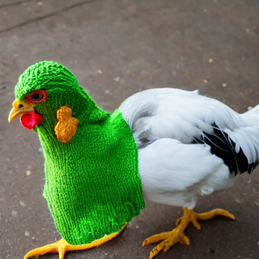 Image similar to A chicken knitting a scarf,