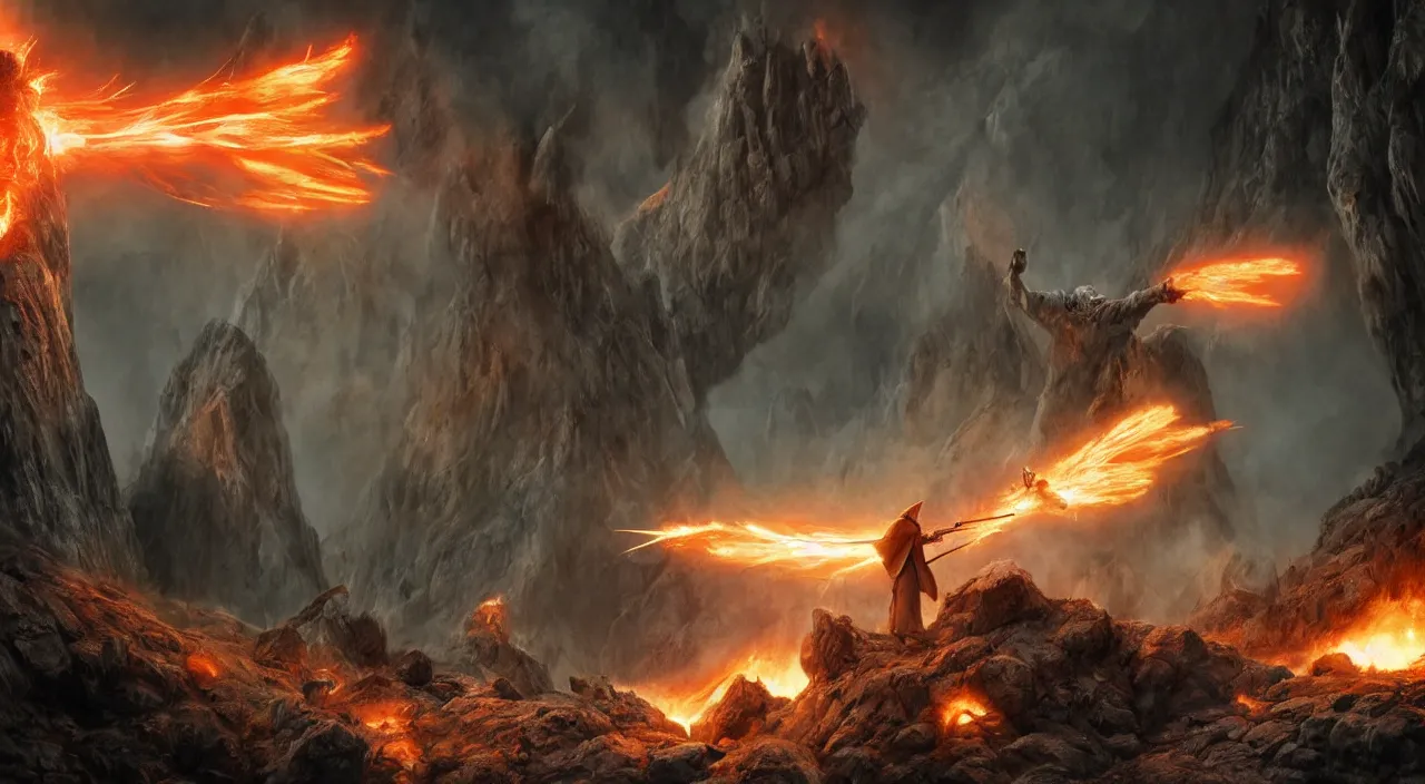 Image similar to gandalf shooting a balrog with a rocket launcher on the bridge of khazad dum, dark, fiery, mines of moria, lord of the rings aesthetic, in style of alan lee, cinematic, cinematic lighting, octane render, highly detailed