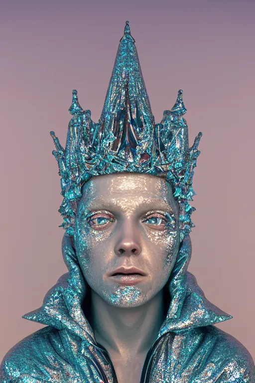 Image similar to hyper detailed ultra sharp portrait of baroque and bladerunner delicate neon diamond sculpture of seductive albino christian santamaria, sarcophagus blue iridescent humanoid deity wearing metallic hoody made out of hands holding the sun prismatic dungeon, glowing blue face, crown of white diamonds, cinematic lighting, photorealistic, octane render 8 k depth of field 3 d