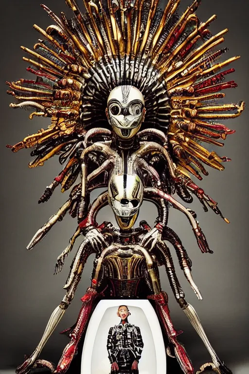 Image similar to kodachrome still symmetry frame from Alien Covenant movie by Takashi Murakami, Count Orlok wearing Polish Winged Hussars armor made with porcelain dressed by Salvatore Ferragamo and by Chanel, metal couture haute couture painted by Peter Paul Rubens and by John Baeder by Jean-Michel Basquiat, editorial fashion photography, from vogue magazine