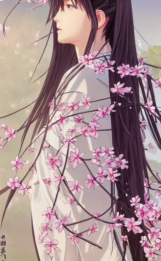 Prompt: side portrait of a girl walking, sakura tree in background, yukata clothing, battlefield in background, anime style, hair down, symmetrical facial features, from arknights, hyper realistic, 4 k, extreme detail, detailed drawing, trending artstation, realistic lighting, by alphonse mucha, greg rutkowski, sharp focus, backlit