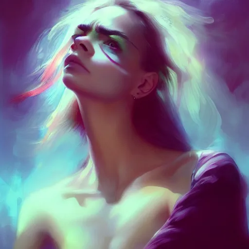 Image similar to cara delevingne, colorful oil painting by greg rutkowski, charlie bowater, yuumei, yanjun cheng, unreal 5, daz, hyperrealistic, octane render, rpg portrait, dynamic lighting, fantasy art, beautiful face